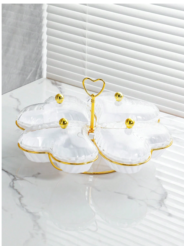 Luxury Heart-Shaped Fruit Plate with Lid - Elegant Champagne Snack Tray for Kitchen and Living Room