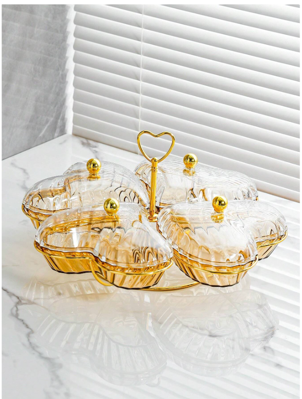 Luxury Heart-Shaped Fruit Plate with Lid - Elegant Champagne Snack Tray for Kitchen and Living Room