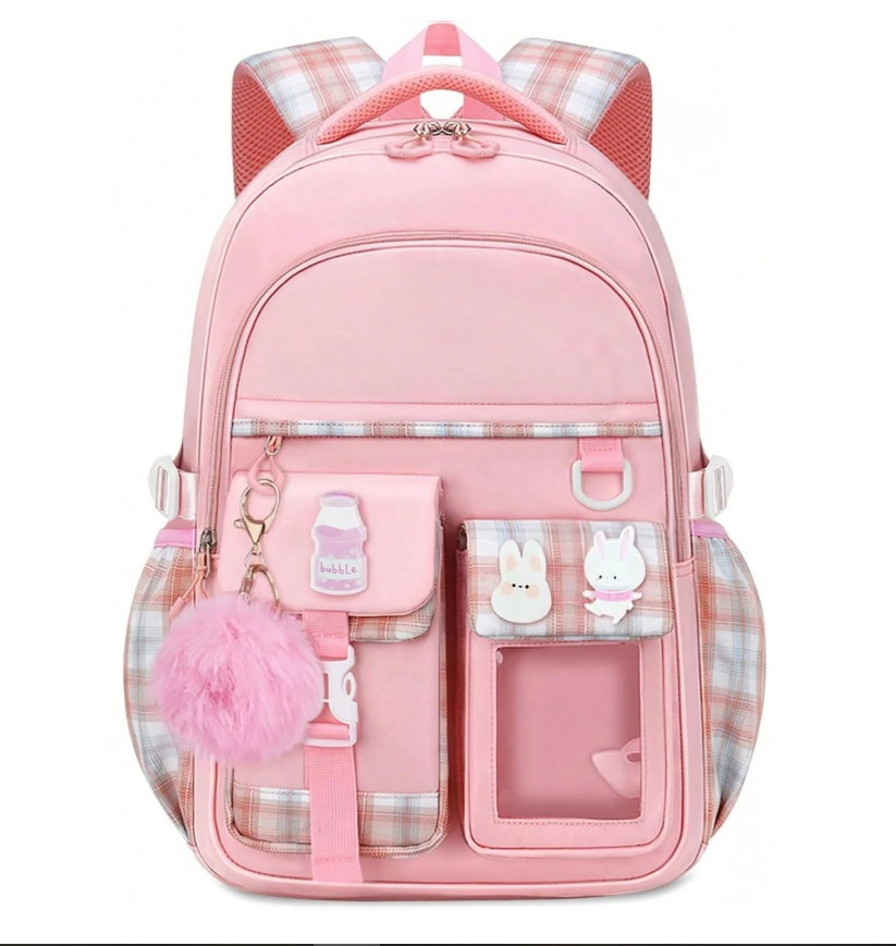 Girls' Plaid Pink School Backpack – Cute Large Capacity Bookbag with Multiple Pockets