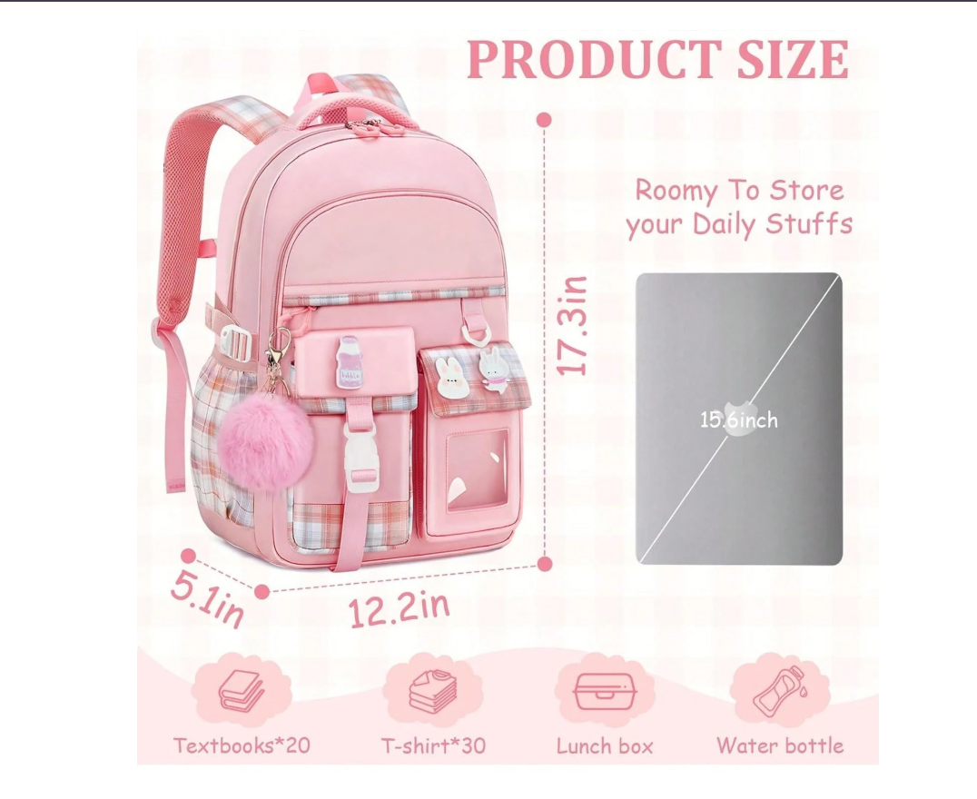 Girls' Plaid Pink School Backpack – Cute Large Capacity Bookbag with Multiple Pockets