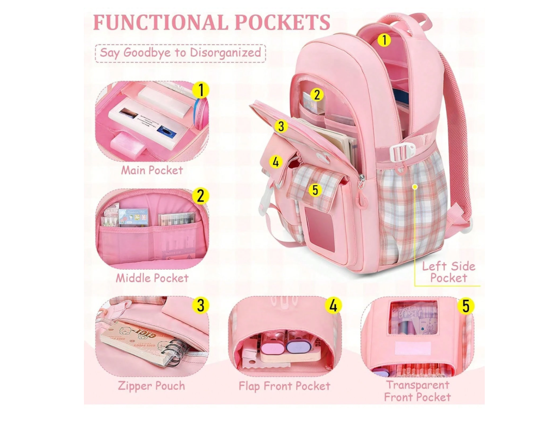 Girls' Plaid Pink School Backpack – Cute Large Capacity Bookbag with Multiple Pockets