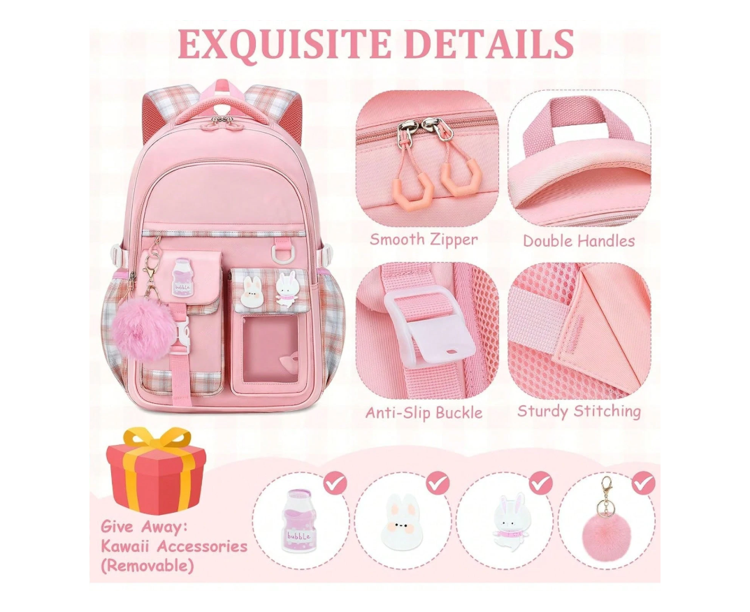 Girls' Plaid Pink School Backpack – Cute Large Capacity Bookbag with Multiple Pockets