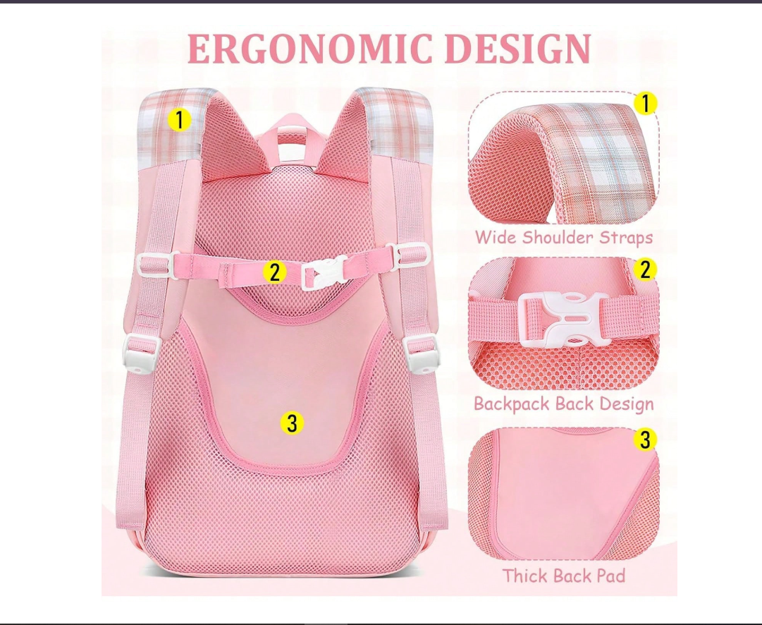 Girls' Plaid Pink School Backpack – Cute Large Capacity Bookbag with Multiple Pockets