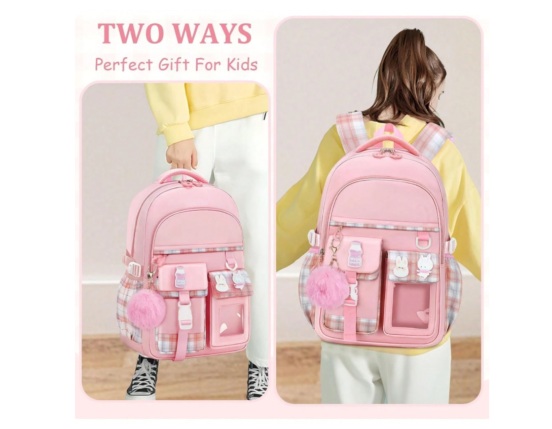 Girls' Plaid Pink School Backpack – Cute Large Capacity Bookbag with Multiple Pockets