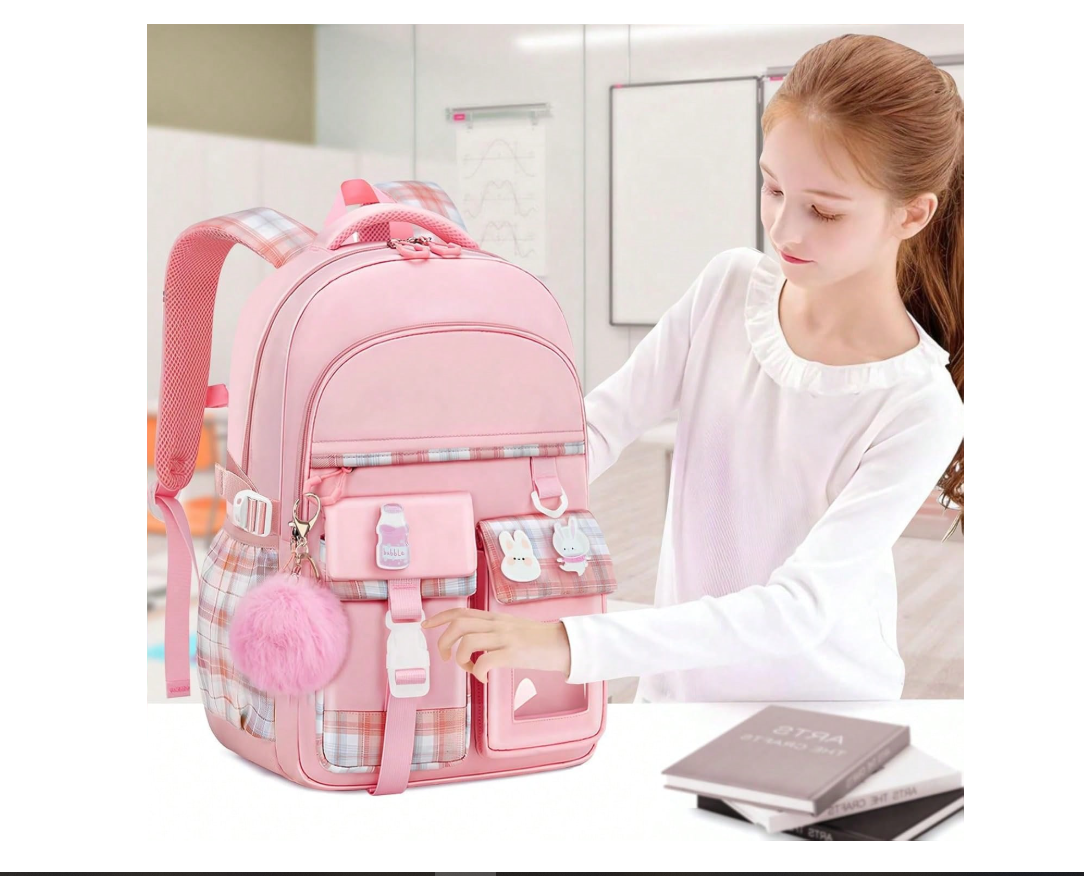 Girls' Plaid Pink School Backpack – Cute Large Capacity Bookbag with Multiple Pockets