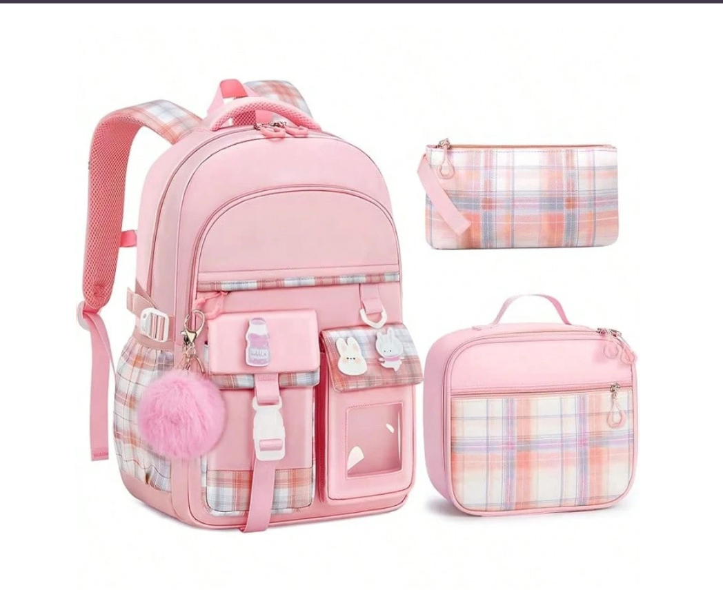 Girls' Plaid Pink School Backpack – Cute Large Capacity Bookbag with Multiple Pockets