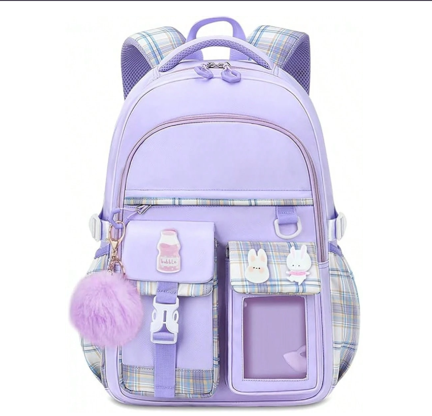 Girls' Plaid Pink School Backpack – Cute Large Capacity Bookbag with Multiple Pockets