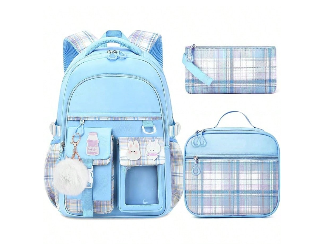 Girls' Plaid Pink School Backpack – Cute Large Capacity Bookbag with Multiple Pockets