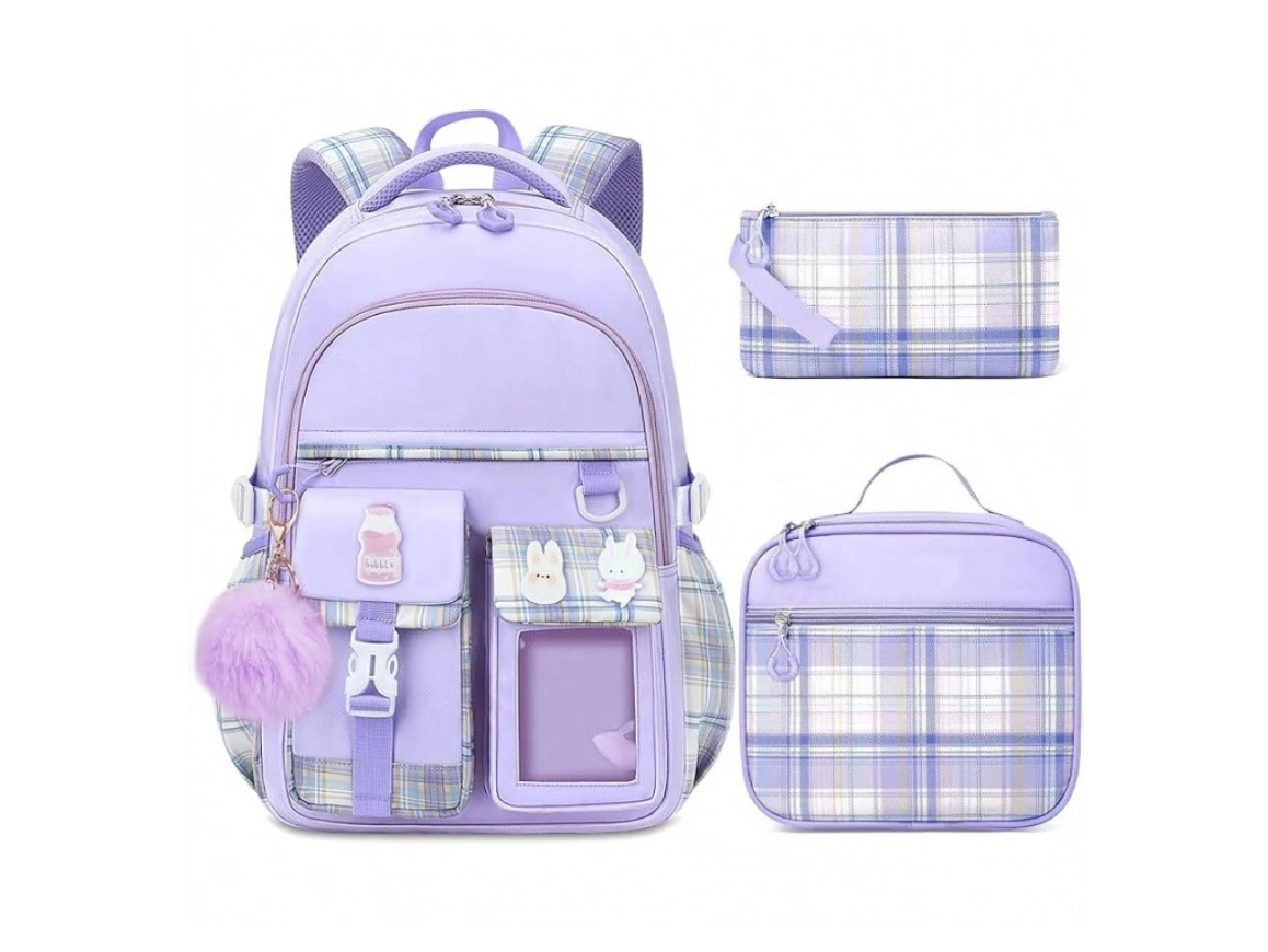Girls' Plaid Pink School Backpack – Cute Large Capacity Bookbag with Multiple Pockets