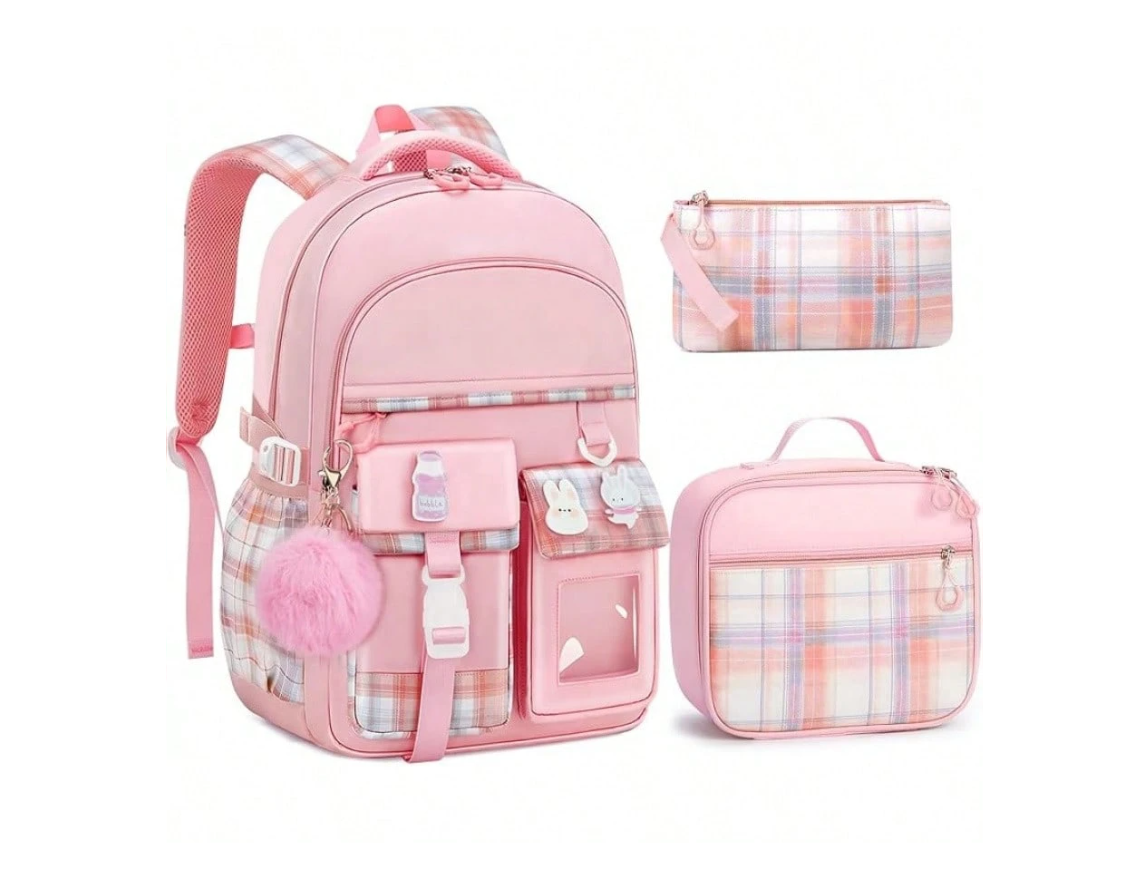 Girls' Plaid Pink School Backpack – Cute Large Capacity Bookbag with Multiple Pockets