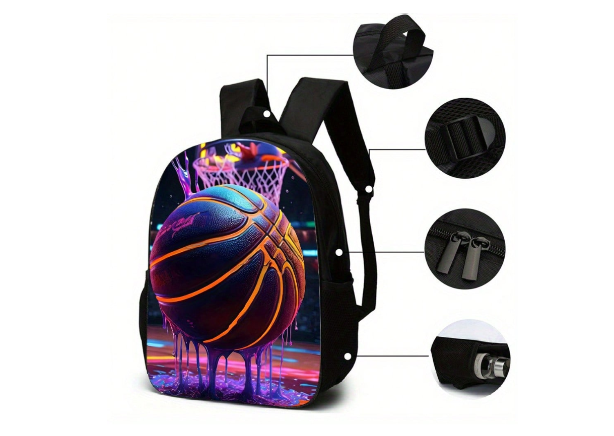Stylish 3-Piece Basketball Backpack Set: Ideal for School and Travel with Spacious Book Bag, Handbag, and Pencil Case