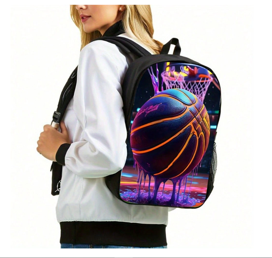 Stylish 3-Piece Basketball Backpack Set: Ideal for School and Travel with Spacious Book Bag, Handbag, and Pencil Case