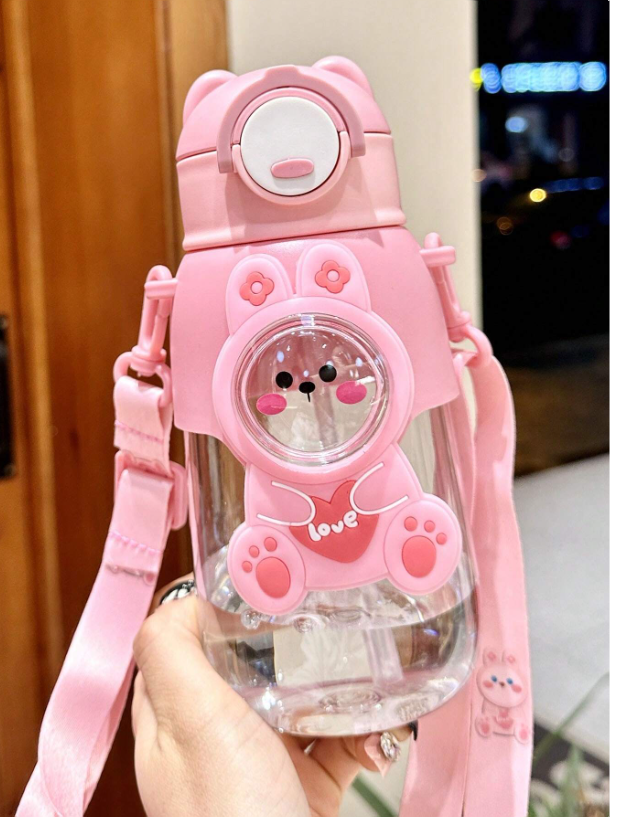 Cute and Portable 660ml Cartoon Water Bottle with Adjustable Strap for Outdoor Adventures