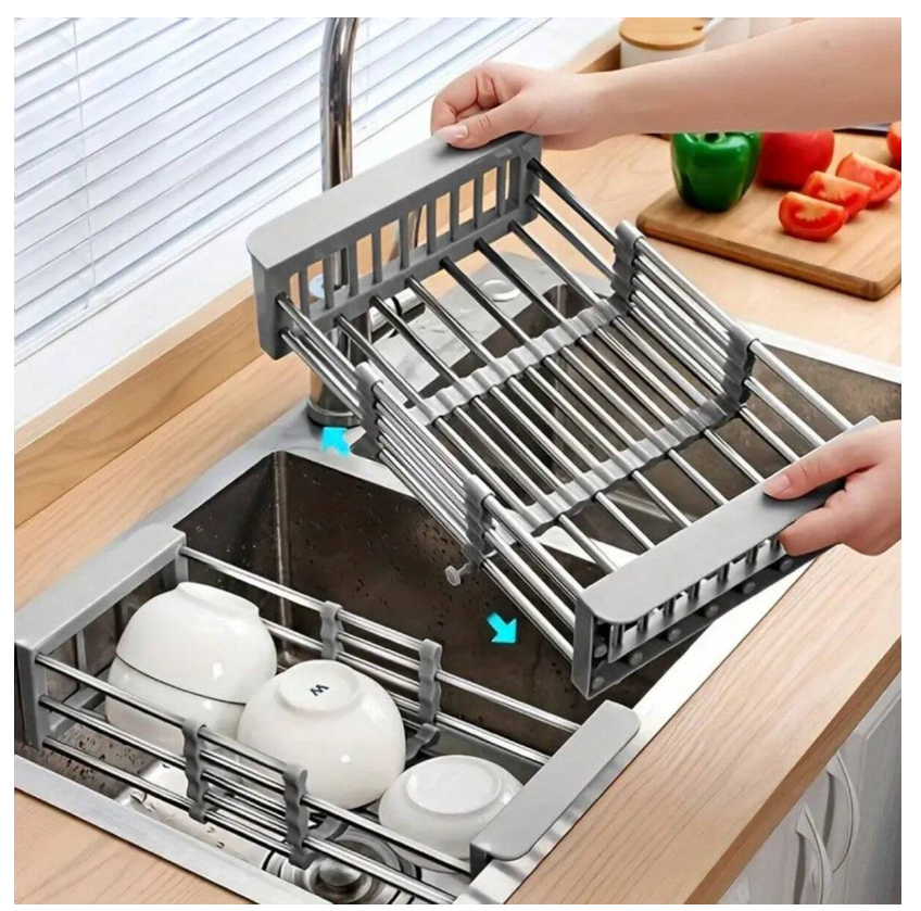 Adjustable Over-Sink Dish Rack with Stainless Steel Colander - Portable, Expandable, and Space-Saving for Efficient Fruit, Vegetable Washing, and Dish Drying