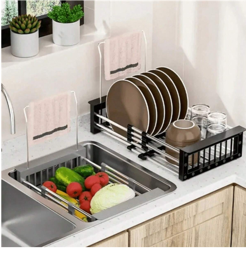 Adjustable Over-Sink Dish Rack with Stainless Steel Colander - Portable, Expandable, and Space-Saving for Efficient Fruit, Vegetable Washing, and Dish Drying