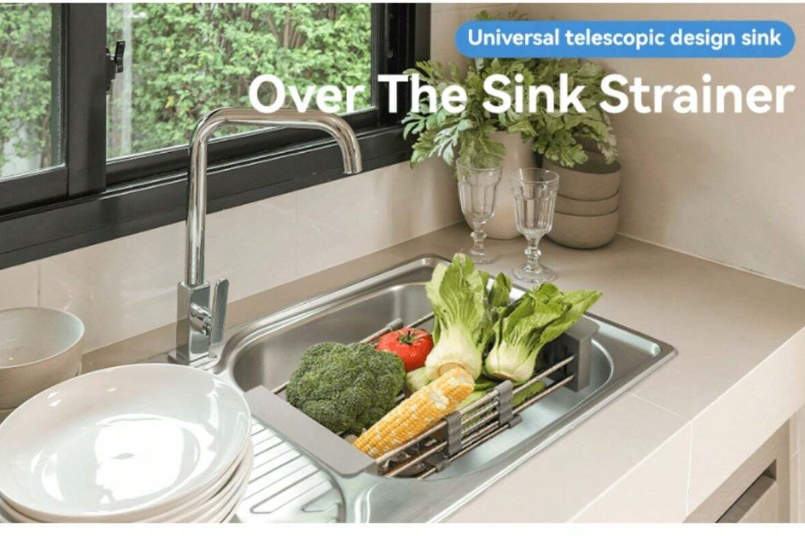 Adjustable Over-Sink Dish Rack with Stainless Steel Colander - Portable, Expandable, and Space-Saving for Efficient Fruit, Vegetable Washing, and Dish Drying