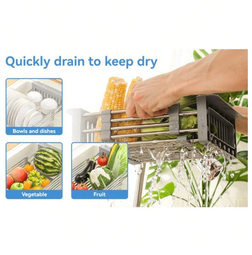 Adjustable Over-Sink Dish Rack with Stainless Steel Colander - Portable, Expandable, and Space-Saving for Efficient Fruit, Vegetable Washing, and Dish Drying