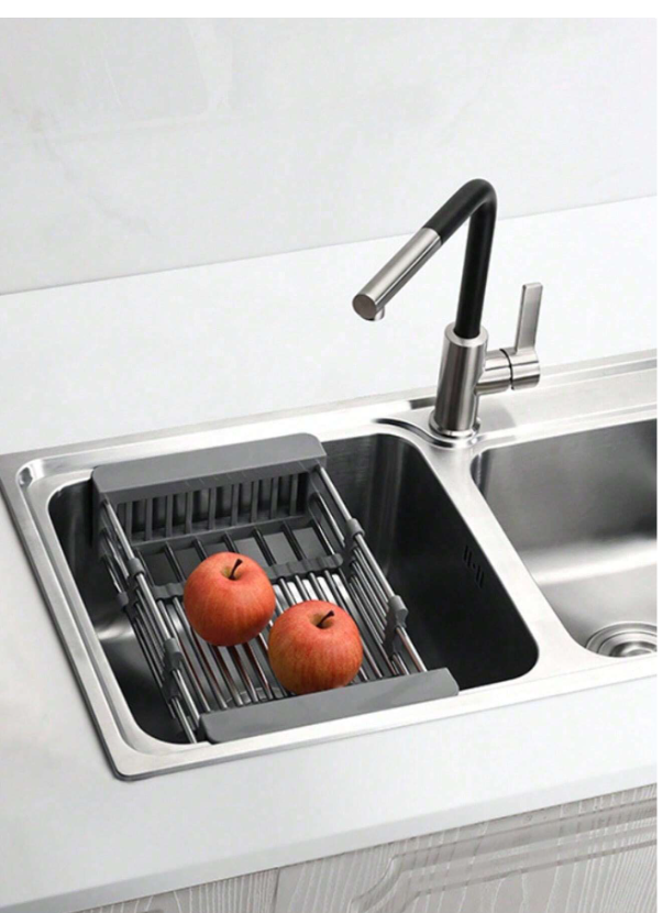 Adjustable Over-Sink Dish Rack with Stainless Steel Colander - Portable, Expandable, and Space-Saving for Efficient Fruit, Vegetable Washing, and Dish Drying