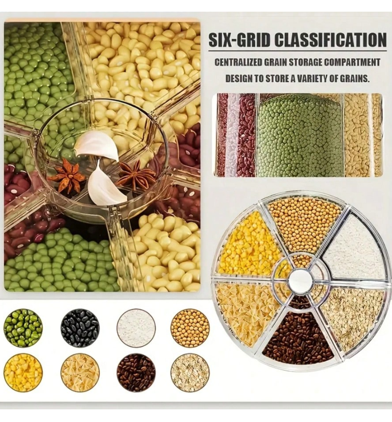 6-Grid 360° Rotating Rice Dispenser - Large Capacity Cereal Storage Organizer for Beans, Grains & Nuts