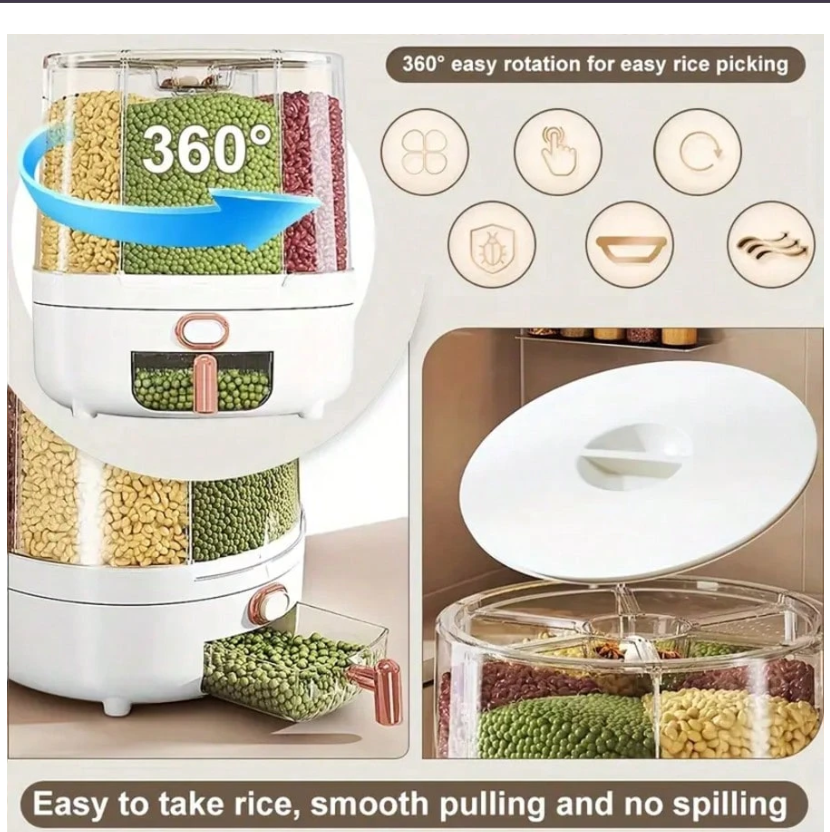 6-Grid 360° Rotating Rice Dispenser - Large Capacity Cereal Storage Organizer for Beans, Grains & Nuts