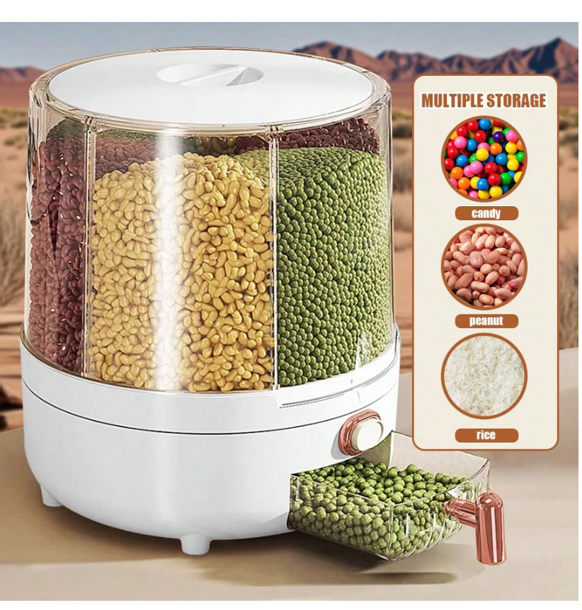 6-Grid 360° Rotating Rice Dispenser - Large Capacity Cereal Storage Organizer for Beans, Grains & Nuts