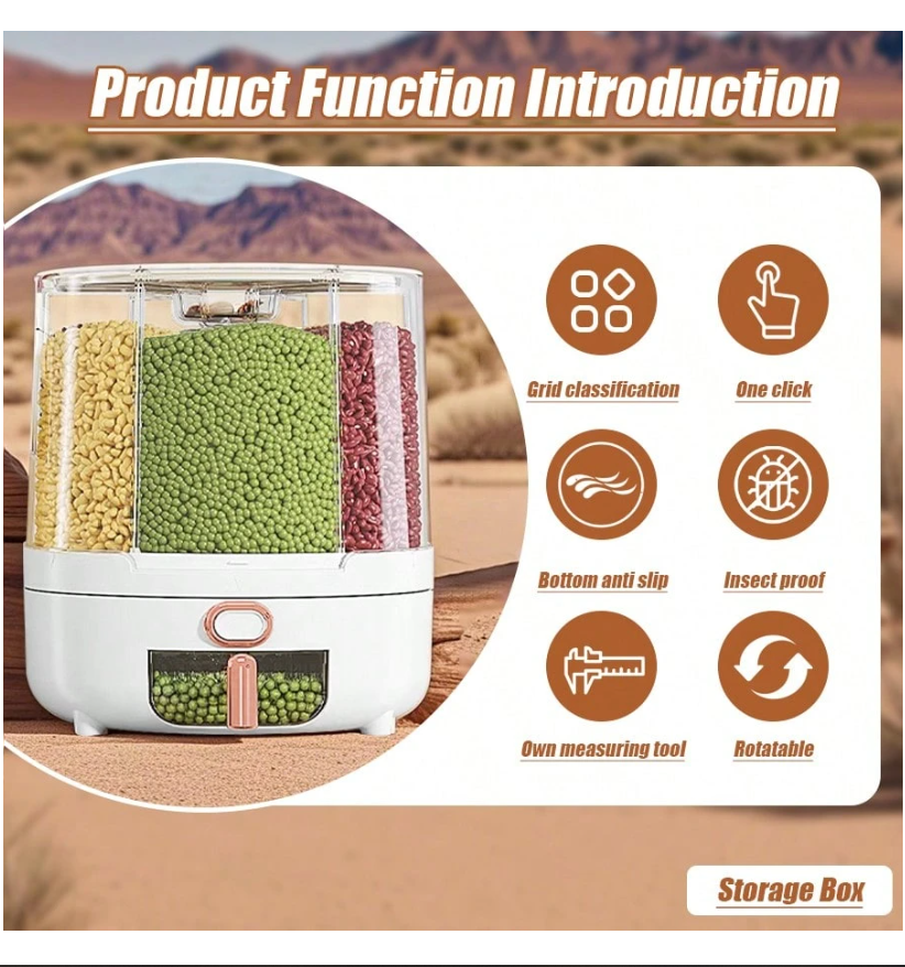 6-Grid 360° Rotating Rice Dispenser - Large Capacity Cereal Storage Organizer for Beans, Grains & Nuts