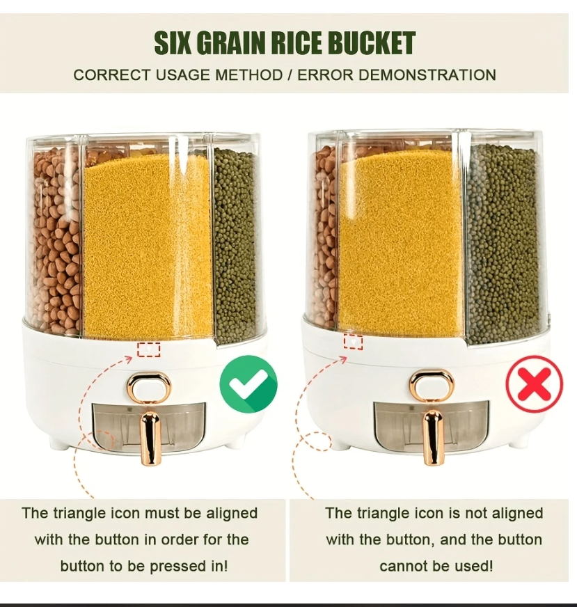 6-Grid 360° Rotating Rice Dispenser - Large Capacity Cereal Storage Organizer for Beans, Grains & Nuts