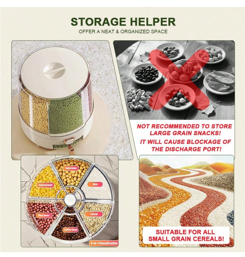 6-Grid 360° Rotating Rice Dispenser - Large Capacity Cereal Storage Organizer for Beans, Grains & Nuts