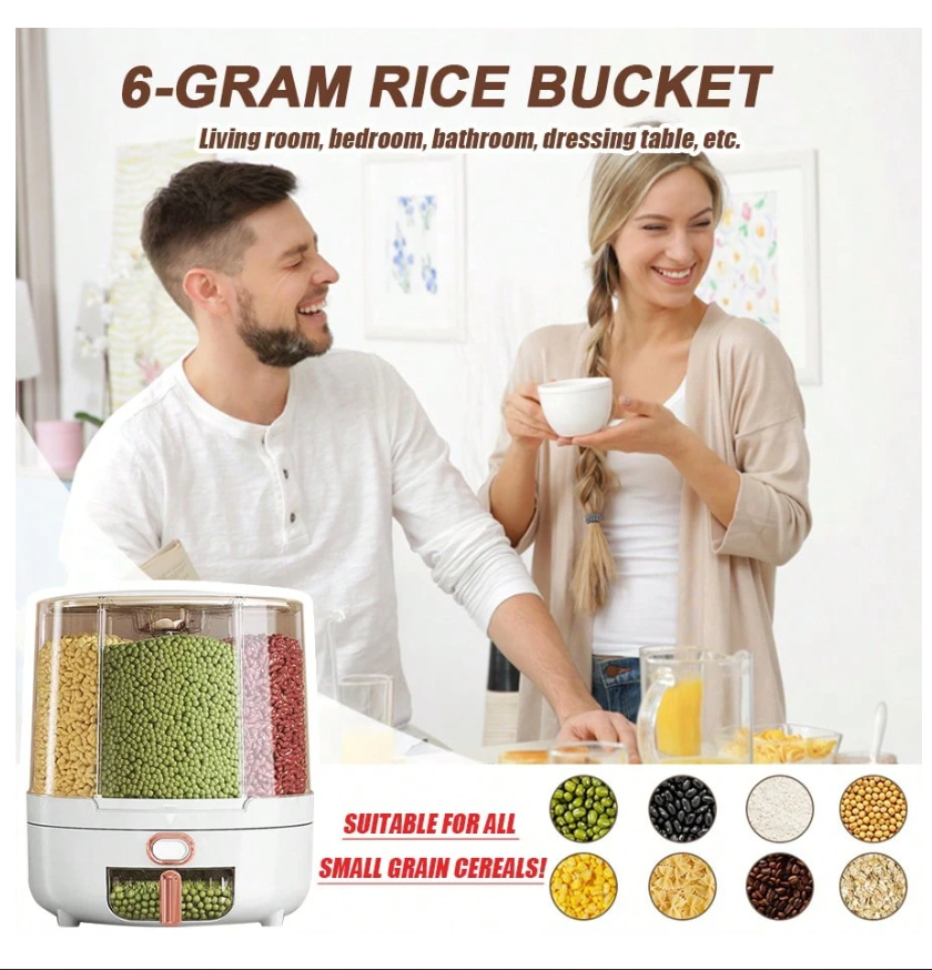 6-Grid 360° Rotating Rice Dispenser - Large Capacity Cereal Storage Organizer for Beans, Grains & Nuts