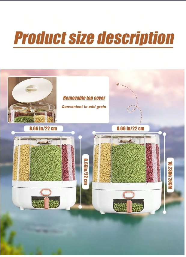 6-Grid 360° Rotating Rice Dispenser - Large Capacity Cereal Storage Organizer for Beans, Grains & Nuts