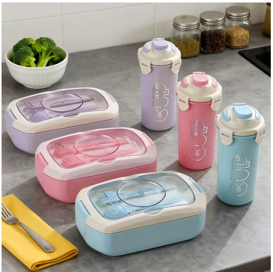 Spacious Portable Bento Box Set with Sauce Compartment - Microwave & Dishwasher Safe for Office and School Lunches