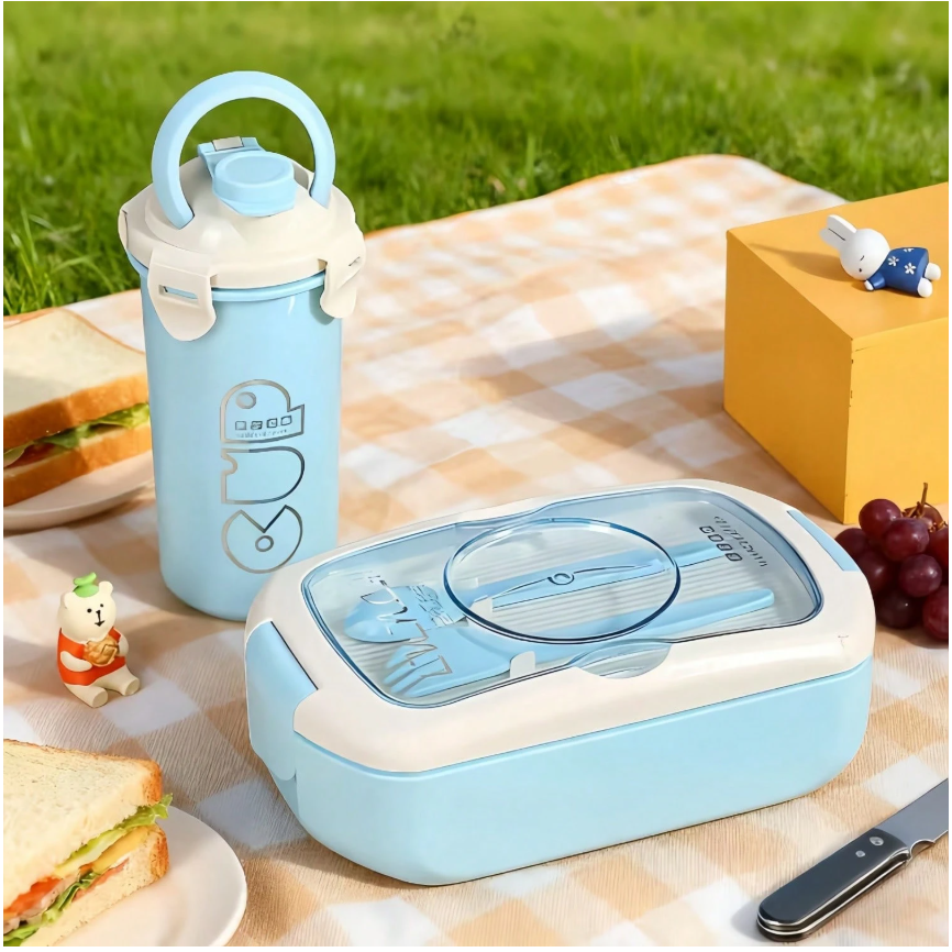 Spacious Portable Bento Box Set with Sauce Compartment - Microwave & Dishwasher Safe for Office and School Lunches
