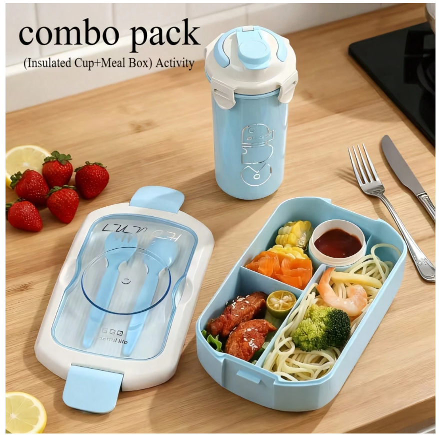 Spacious Portable Bento Box Set with Sauce Compartment - Microwave & Dishwasher Safe for Office and School Lunches