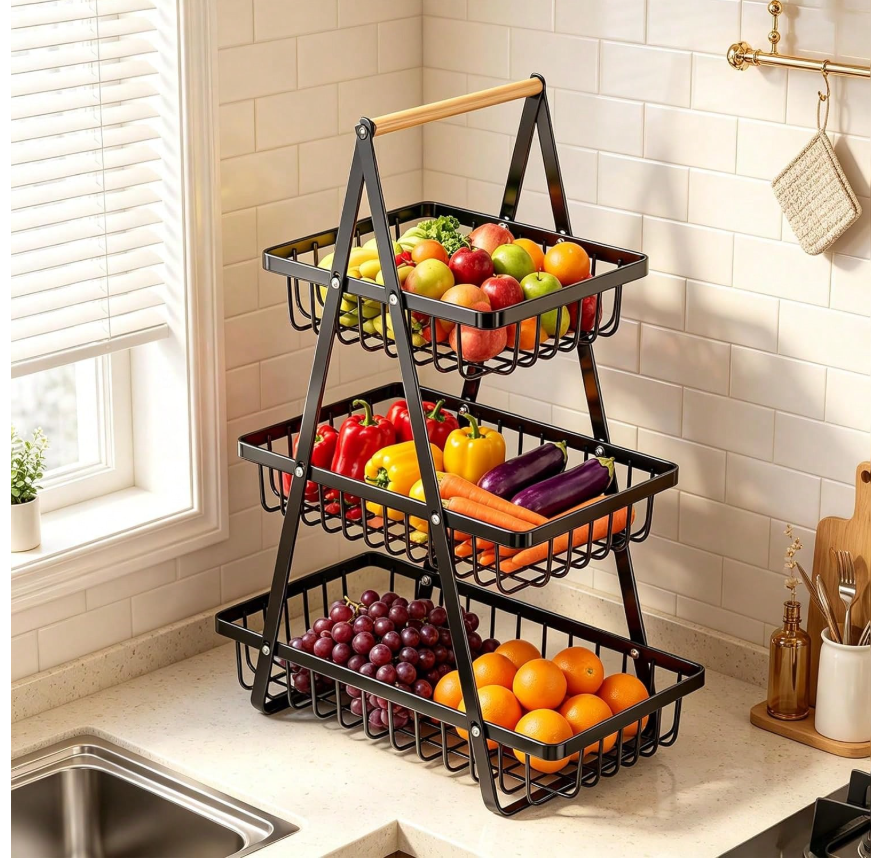 Stylish 3-Tier Fruit Basket Tray: Space-Saving Storage for Fresh Produce, Snacks, and More