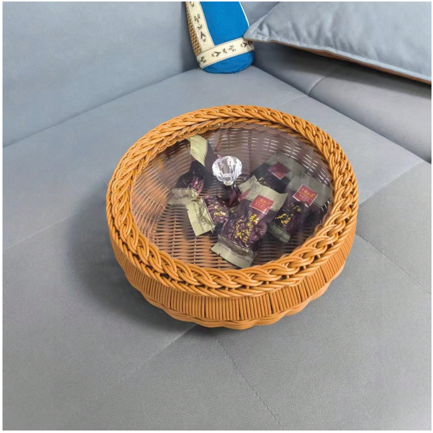 Handmade Light Brown Imitation Rattan Round Storage Basket with Lid - Multi-Functional and Durable Home Organizer