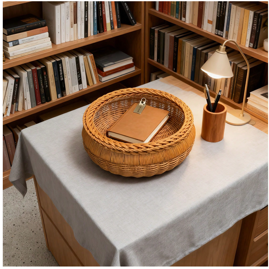 Handmade Light Brown Imitation Rattan Round Storage Basket with Lid - Multi-Functional and Durable Home Organizer
