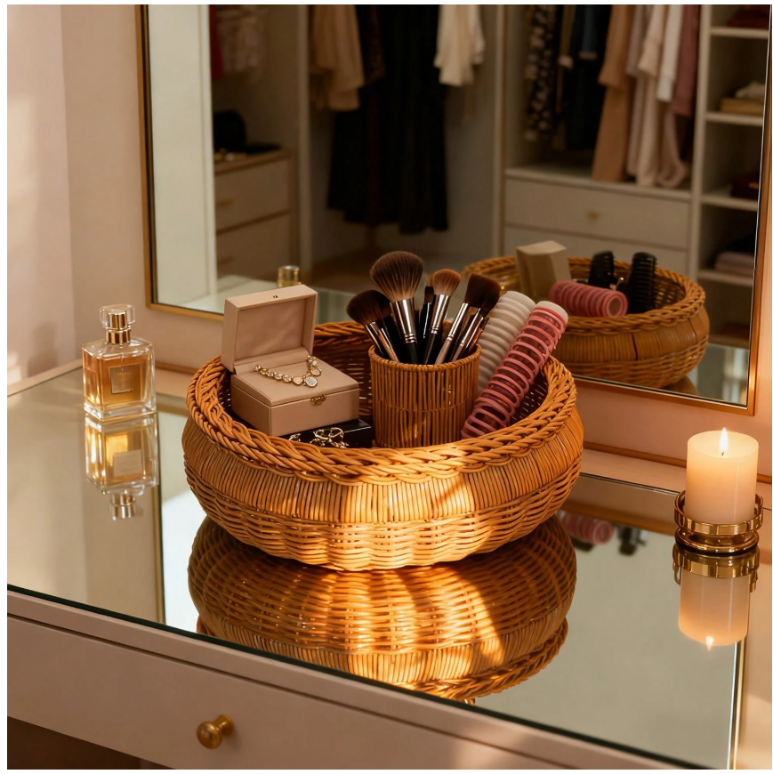 Handmade Light Brown Imitation Rattan Round Storage Basket with Lid - Multi-Functional and Durable Home Organizer