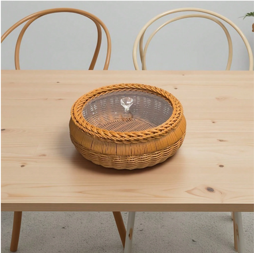 Handmade Light Brown Imitation Rattan Round Storage Basket with Lid - Multi-Functional and Durable Home Organizer