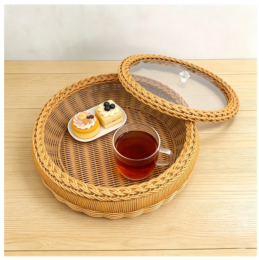 Handmade Light Brown Imitation Rattan Round Storage Basket with Lid - Multi-Functional and Durable Home Organizer