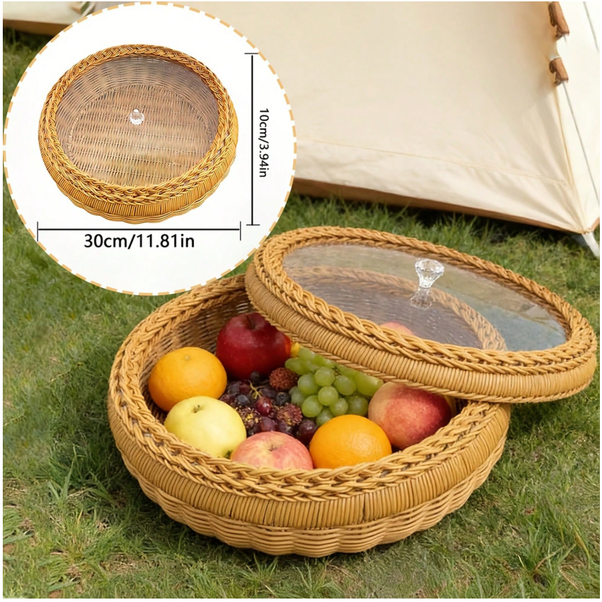 Handmade Light Brown Imitation Rattan Round Storage Basket with Lid - Multi-Functional and Durable Home Organizer