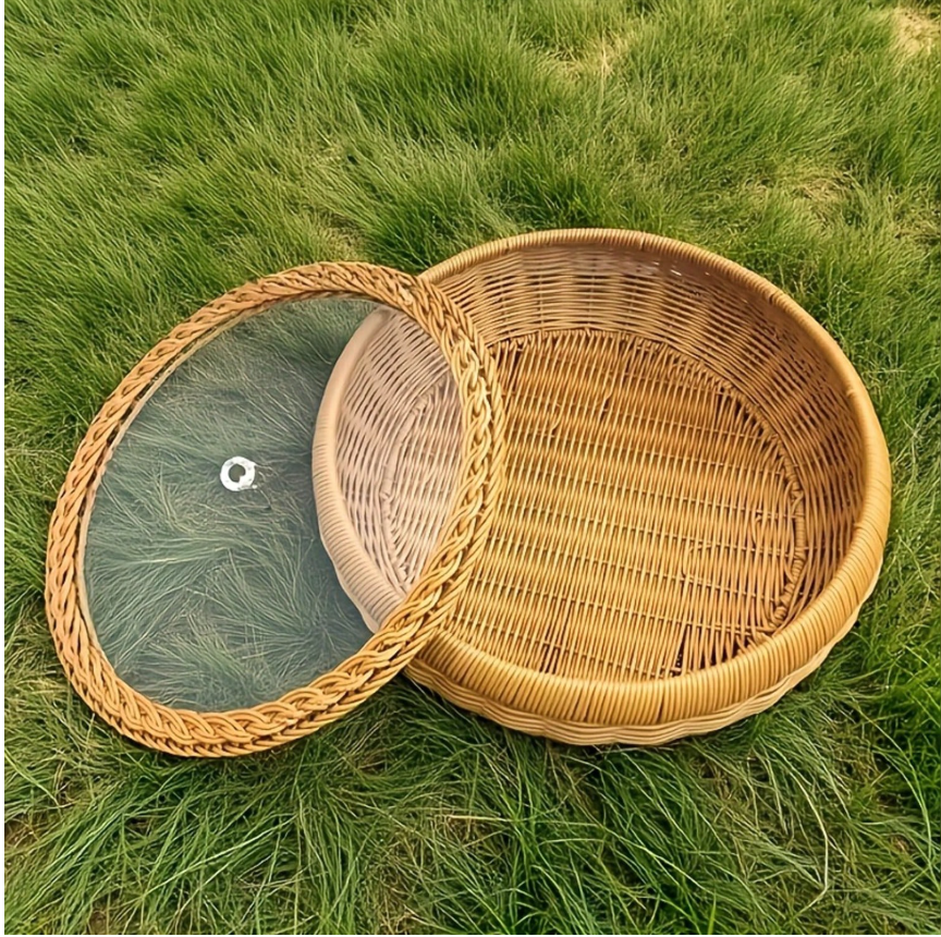 Handmade Light Brown Imitation Rattan Round Storage Basket with Lid - Multi-Functional and Durable Home Organizer
