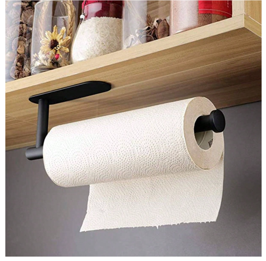 Stylish Black Wall-Mount Paper Towel Holder with Adhesive for Easy Installation - Perfect for Kitchen, Bathroom, and Pantry Organization