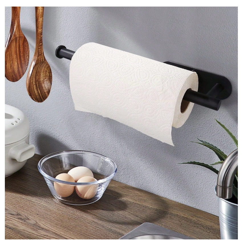 Stylish Black Wall-Mount Paper Towel Holder with Adhesive for Easy Installation - Perfect for Kitchen, Bathroom, and Pantry Organization