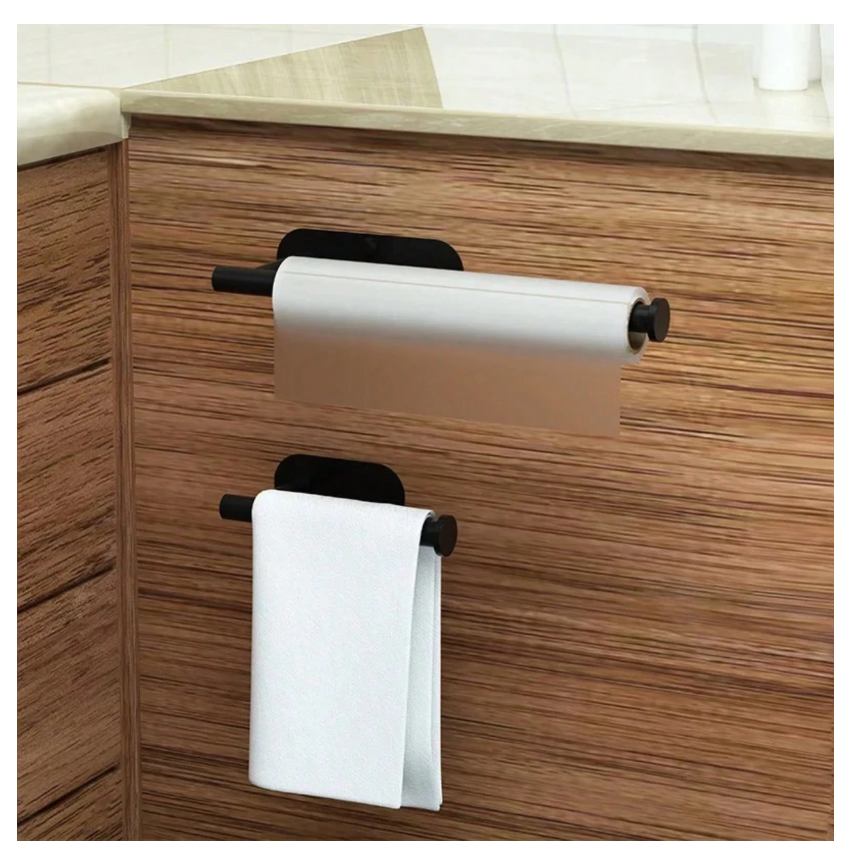 Stylish Black Wall-Mount Paper Towel Holder with Adhesive for Easy Installation - Perfect for Kitchen, Bathroom, and Pantry Organization