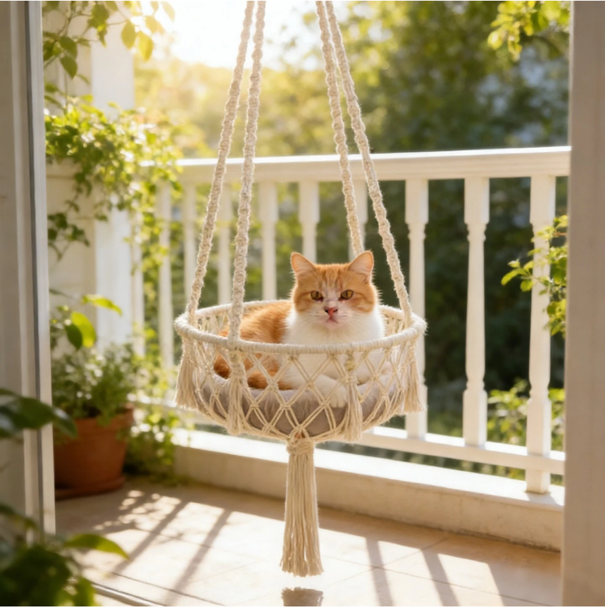 Bohemian Macrame Cat Hammock - Stylish Wall-Mounted Cat Bed & Scratching Post for All Seasons