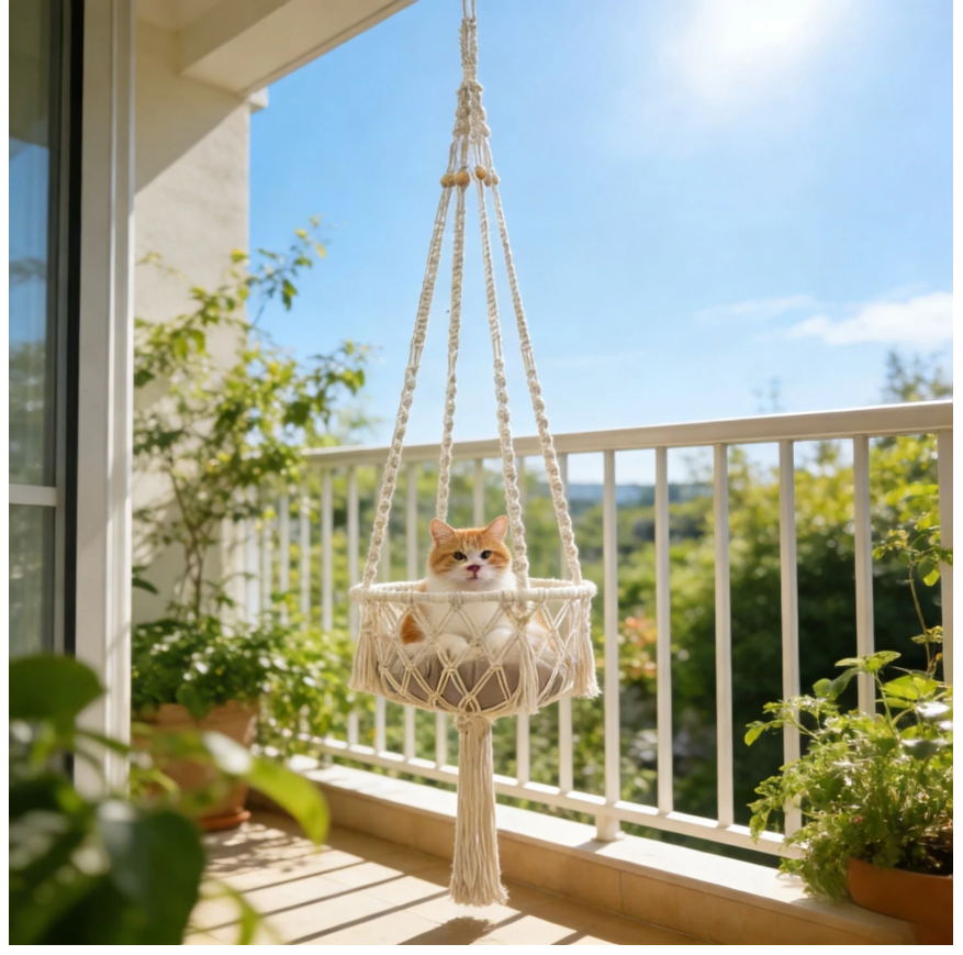 Bohemian Macrame Cat Hammock - Stylish Wall-Mounted Cat Bed & Scratching Post for All Seasons