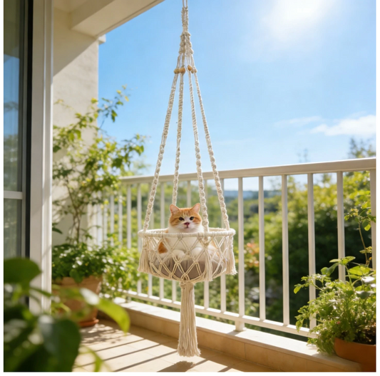 Bohemian Macrame Cat Hammock - Stylish Wall-Mounted Cat Bed & Scratching Post for All Seasons