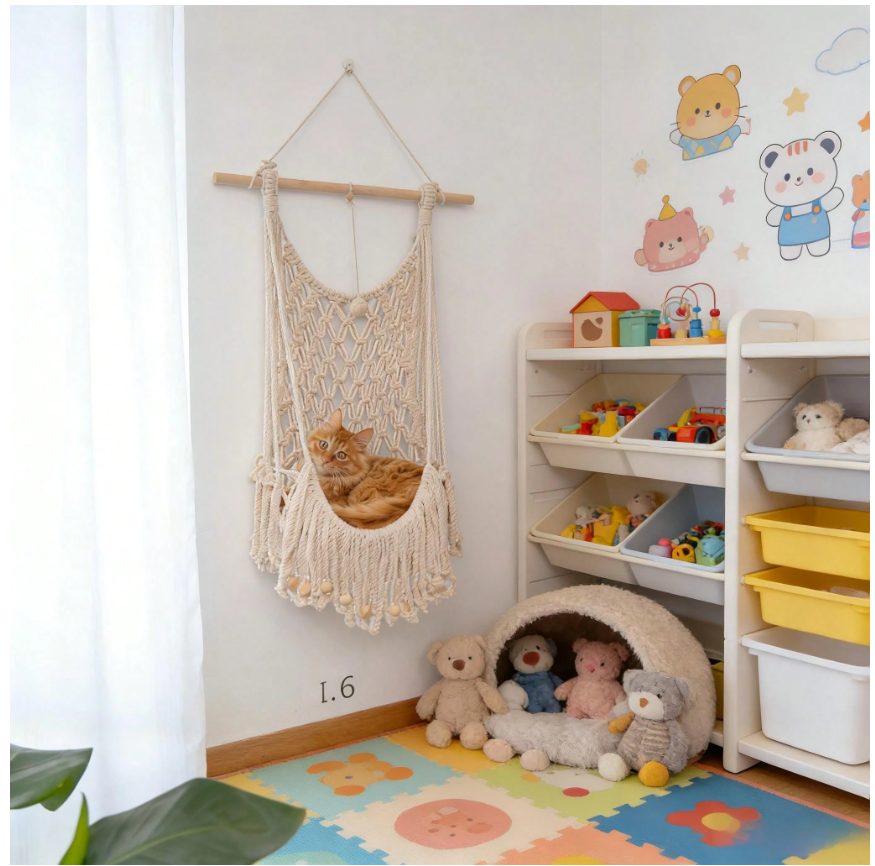 Bohemian Macrame Cat Hammock - Stylish Wall-Mounted Cat Bed & Scratching Post for All Seasons