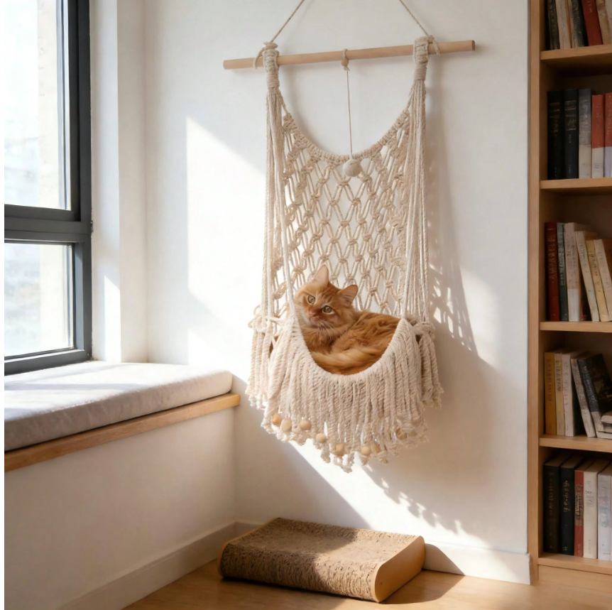 Bohemian Macrame Cat Hammock - Stylish Wall-Mounted Cat Bed & Scratching Post for All Seasons