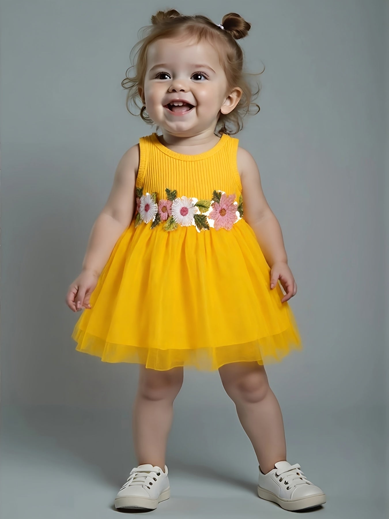 ☀️ Infant & Toddler Girl's Summer Vest Dress: Floral Waist Decor, Round Neck Casual Style